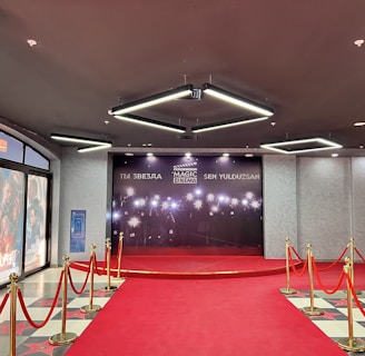 A red carpet leads to a backdrop with bright lights and the words in multiple languages, suggesting a cinematic or award-themed environment. Velvet ropes with gold stanchions line the carpet, and the adjacent wall features movie posters.